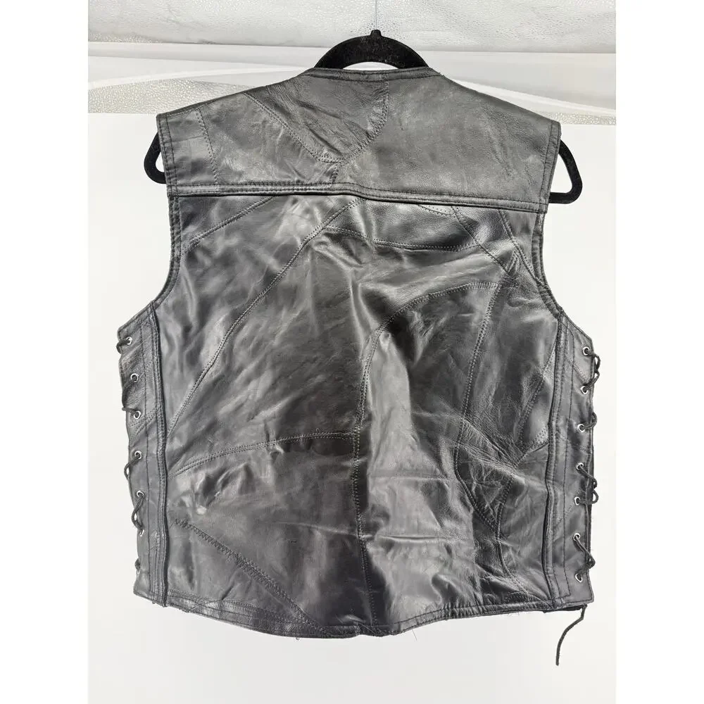 Leather Motorcycle Biker Vest Lace Up Diamond Plate Buffalo Leather Size M READ